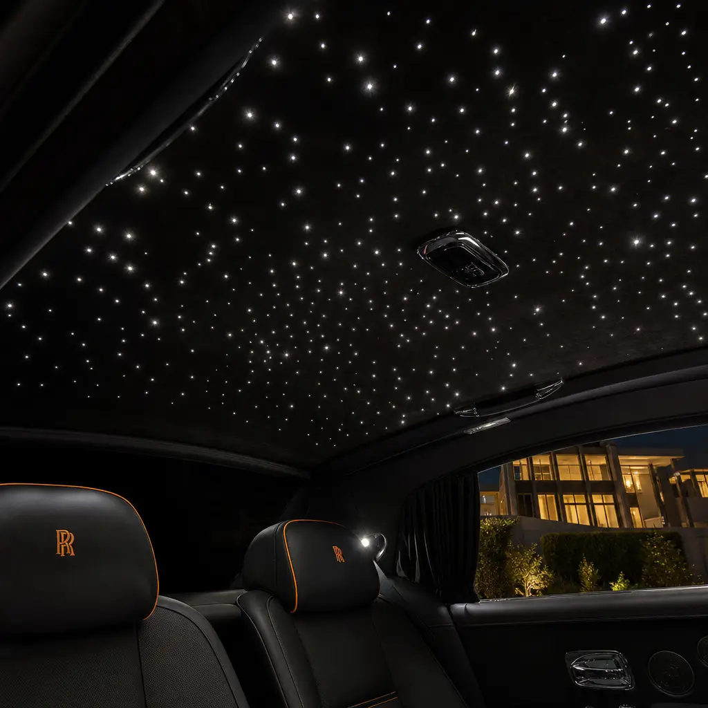 Starlight headliner with blue and white fiber optic stars